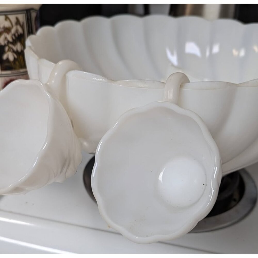 Hazel Atlas Milk Glass Punch Bowl with 6 cups